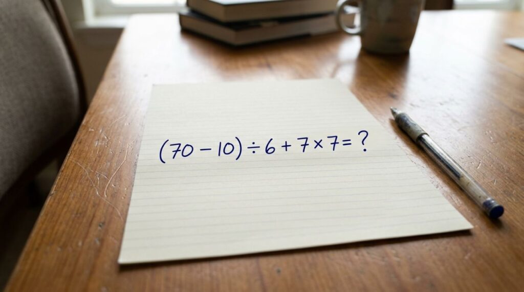 A maioria começa pela parte errada: (70 – 10) ÷ 6 + 7 × 7