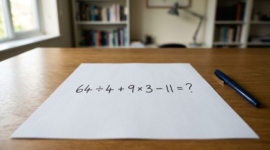 Quem era bom em matemática resolve de cabeça: 64 ÷ 4 + 9 × 3 − 11