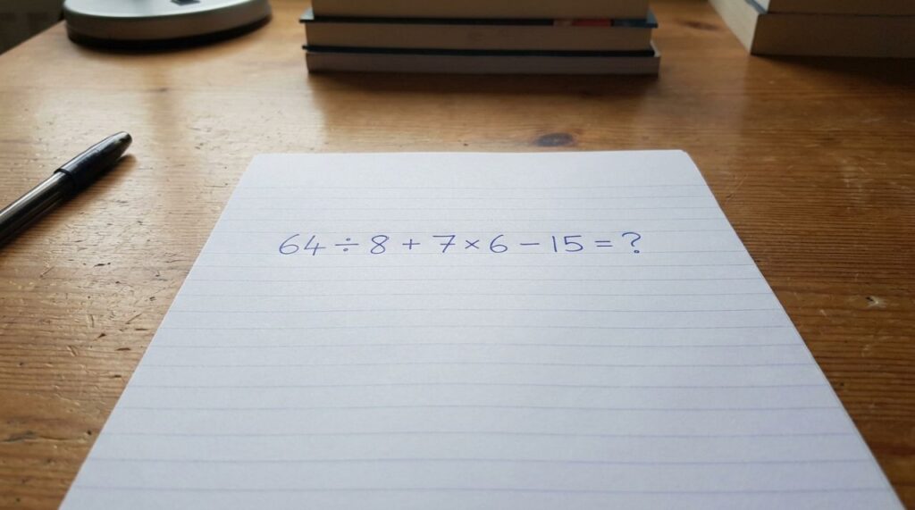Quem lembra da matemática da escola resolve em segundos: 64 ÷ 8 + 7 × 6 − 15