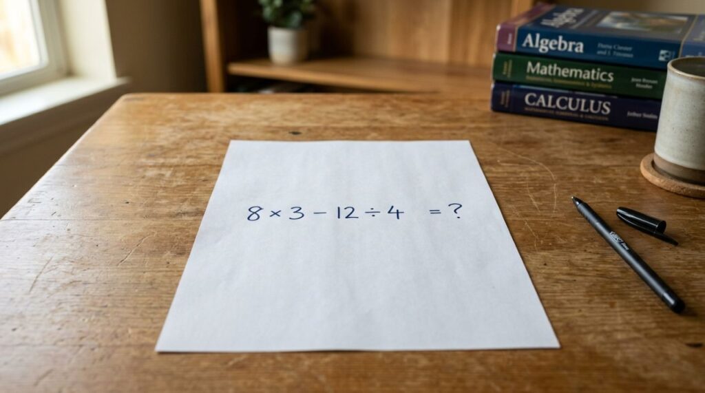 Quem era bom em matemática resolve de cabeça: 8 × 3 − 12 ÷ 4