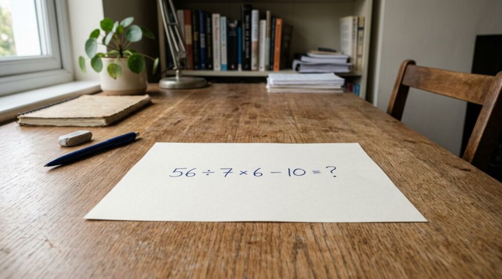 Quem terminou a escola nos anos 80 deveria lembrar desta regra: quanto é 56 ÷ 7 × 6 − 10?