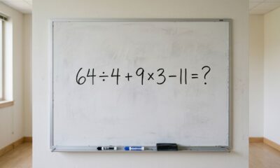 Quem era bom em matemática resolve de cabeça: 64 ÷ 4 + 9 × 3 − 11