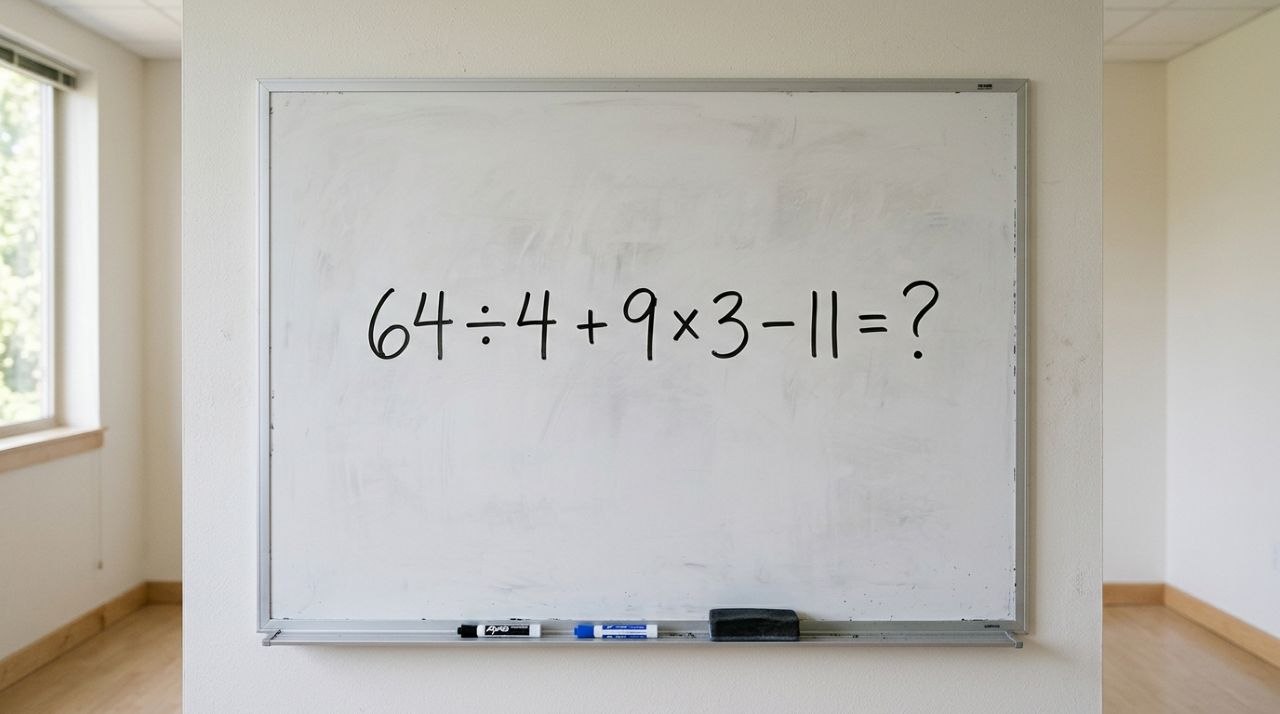 Quem era bom em matemática resolve de cabeça: 64 ÷ 4 + 9 × 3 − 11