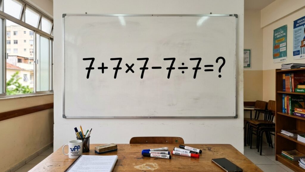O número 7 aparece 5 vezes nesta conta: você consegue resolver 7 + 7 × 7 - 7 ÷ 7 sem calculadora?