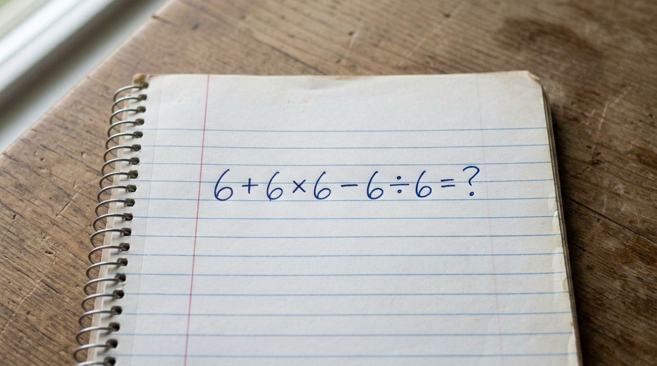Cinco números simples formam uma conta que pode confundir quem tenta resolver tudo de uma vez 6 + 6 × 6 − 6 ÷ 6