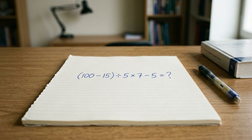 Sem calculadora, prove que ainda lembra da matemática básica: (100 – 15) ÷ 5 × 7 – 5