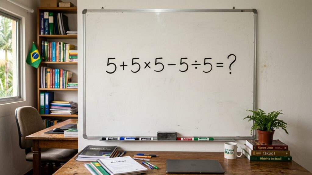 Cinco números 5 e uma única resposta: quanto vale 5 + 5 × 5 - 5 ÷ 5?