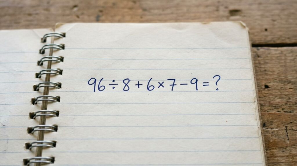 Parece fácil até você começar: quanto é 96 ÷ 8 + 6 × 7 − 9?
