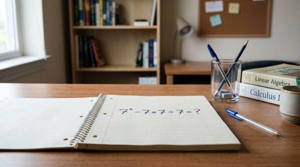 Quatro números pequenos formam um desafio matemático que parece óbvio, mas exige atenção antes de responder : 7² − 7 × 7 ÷ 7