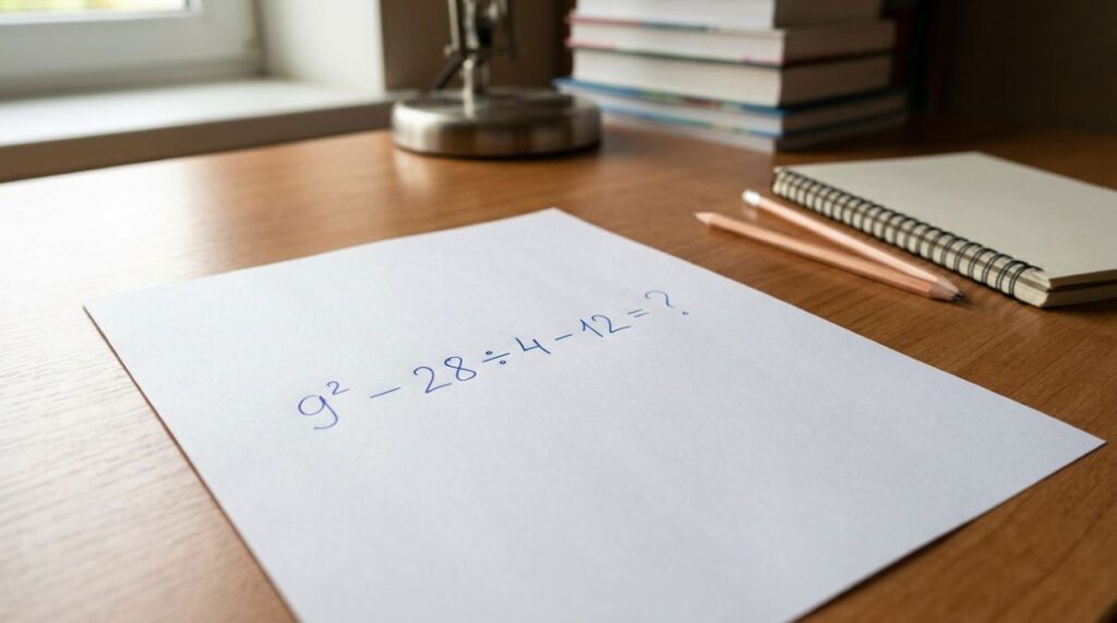 Quem estudou nos anos 80 e 90 consegue chegar ao resultado de 9² – 28 ÷ 4 – 12