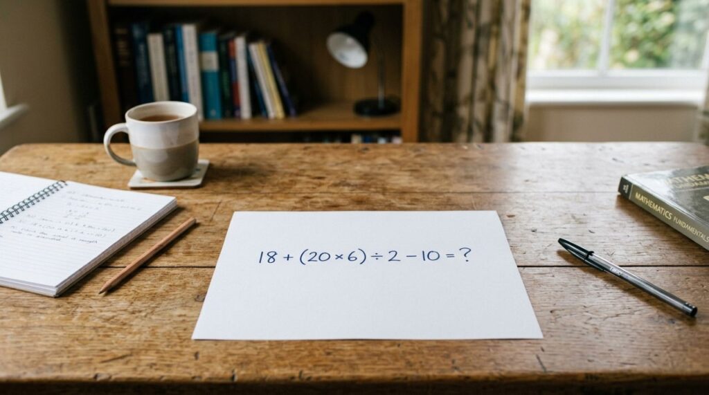 Você consegue resolver 18 + (20 × 6) ÷ 2 − 10 em apenas 9 segundos sem cair na armadilha da conta?