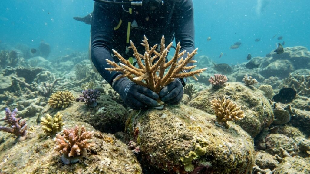 Por volta de 2000, um colecionador de peixes tropicais da Flórida pendurou fragmentos de coral resgatados em “árvores” submarinas, e o pequeno viveiro acabou virando uma rede de restauração de recifes