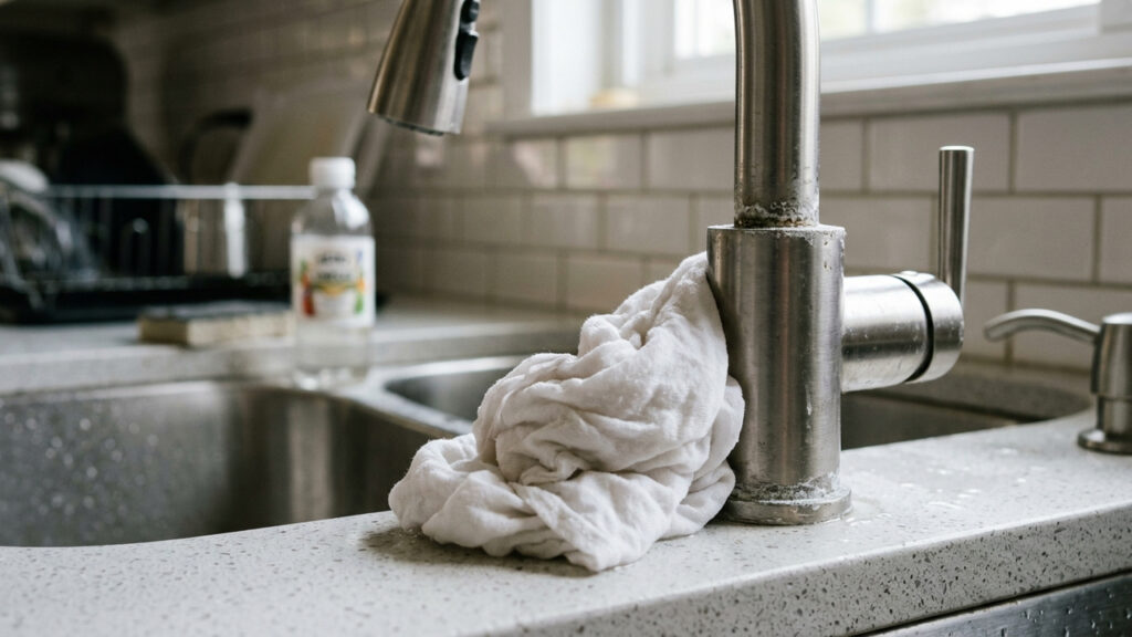 Enrolar um pano com vinagre branco na base da torneira por 15 minutos: o truque simples que derrete o calcário e devolve o brilho ao inox