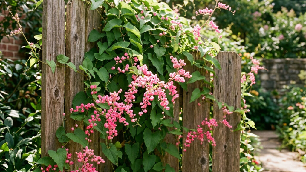 Essa trepadeira resistente forma um paredão verde de flores cor-de-rosa que bloqueia o calor do sol da tarde nos muros e fachadas de casa