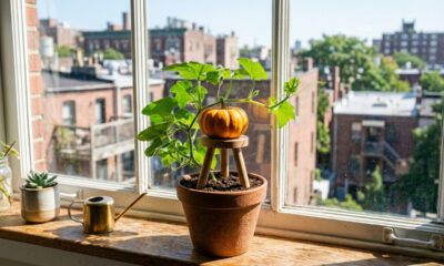 Essa mini abóbora ornamental cresce apoiada em pequenos tripés perto da janela e produz frutos deliciosos até em apartamentos compactos