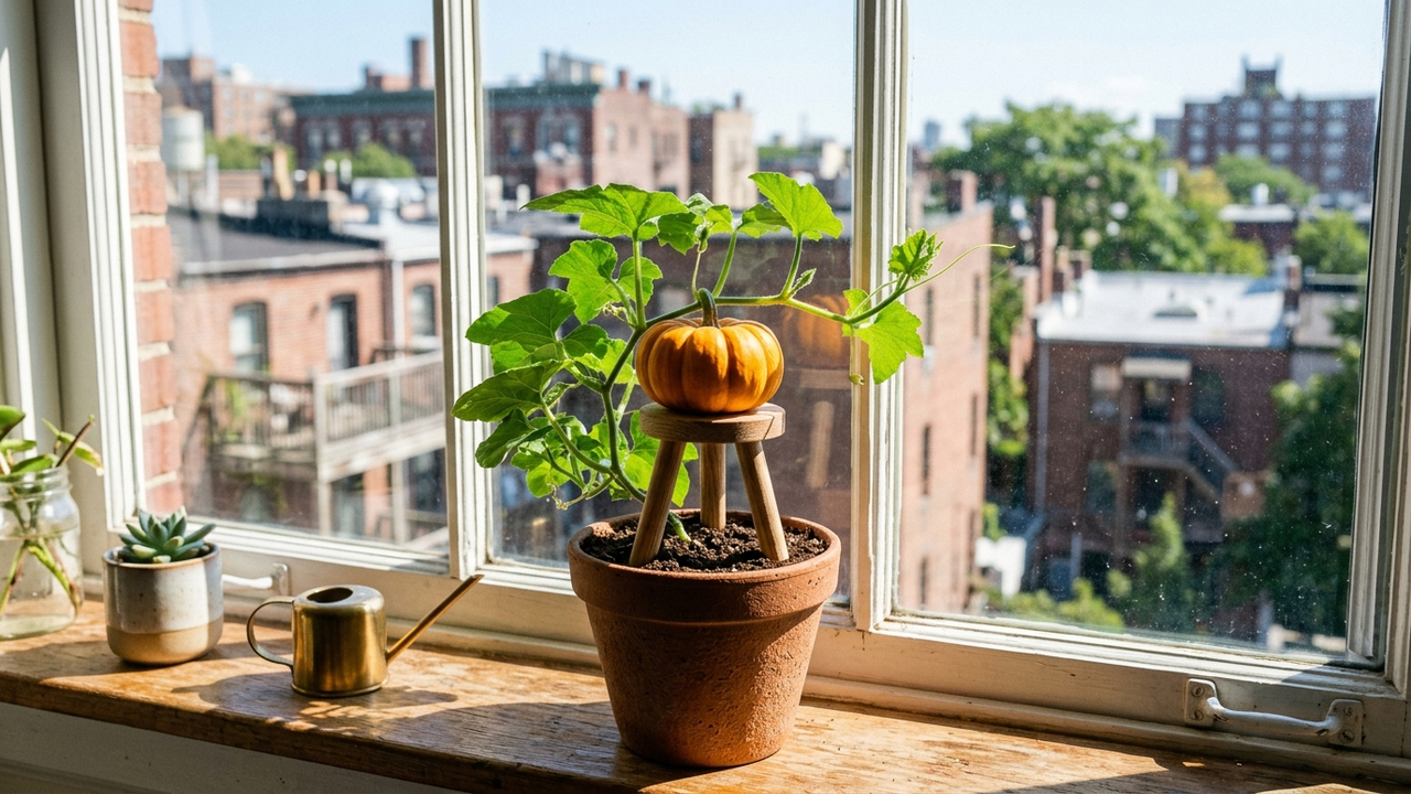 Essa mini abóbora ornamental cresce apoiada em pequenos tripés perto da janela e produz frutos deliciosos até em apartamentos compactos