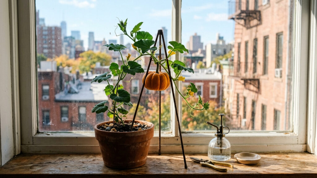 Essa mini abóbora ornamental cresce apoiada em pequenos tripés perto da janela e produz frutos deliciosos até em apartamentos compactos