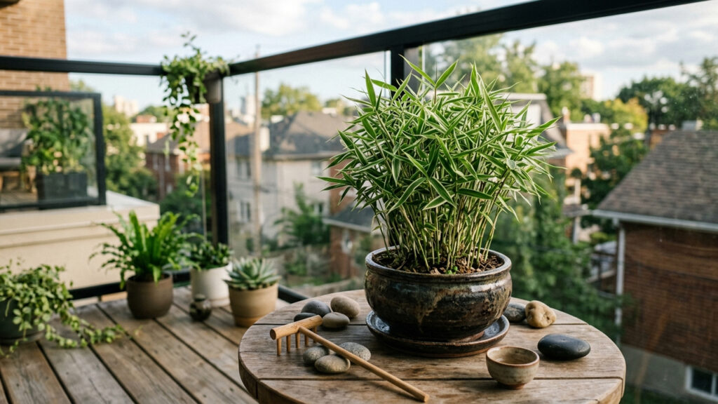 Esse bambu de jardim em miniatura não solta folhas no chão: de porte compacto, ele é ideal para criar cantinhos relaxantes em varandas