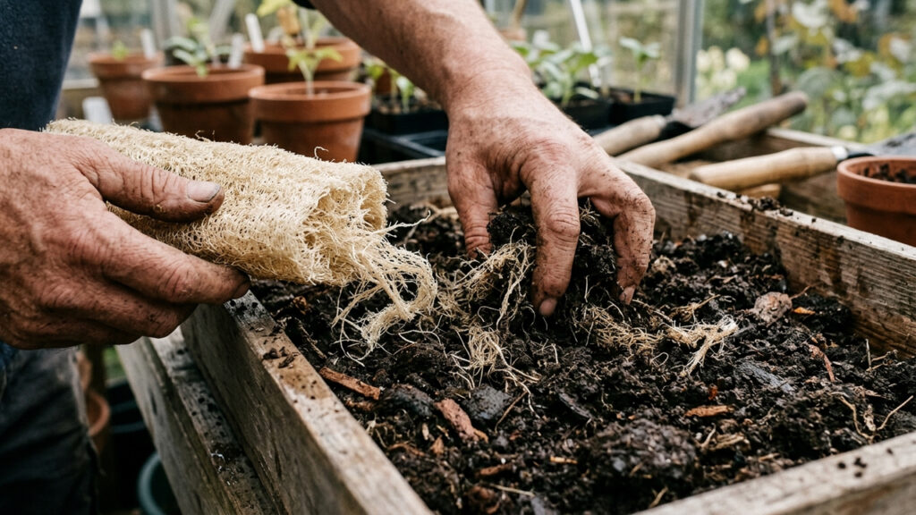 Misturar bucha vegetal velha e desfiada na terra: o truque caseiro simples para deixar o substrato de vasos incrivelmente aerado e drenado