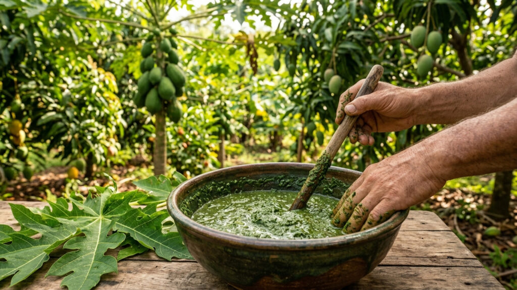 Calda de folha de mamoeiro batida com água: o fungicida natural poderoso para combater e erradicar a doença da ferrugem em árvores frutíferas