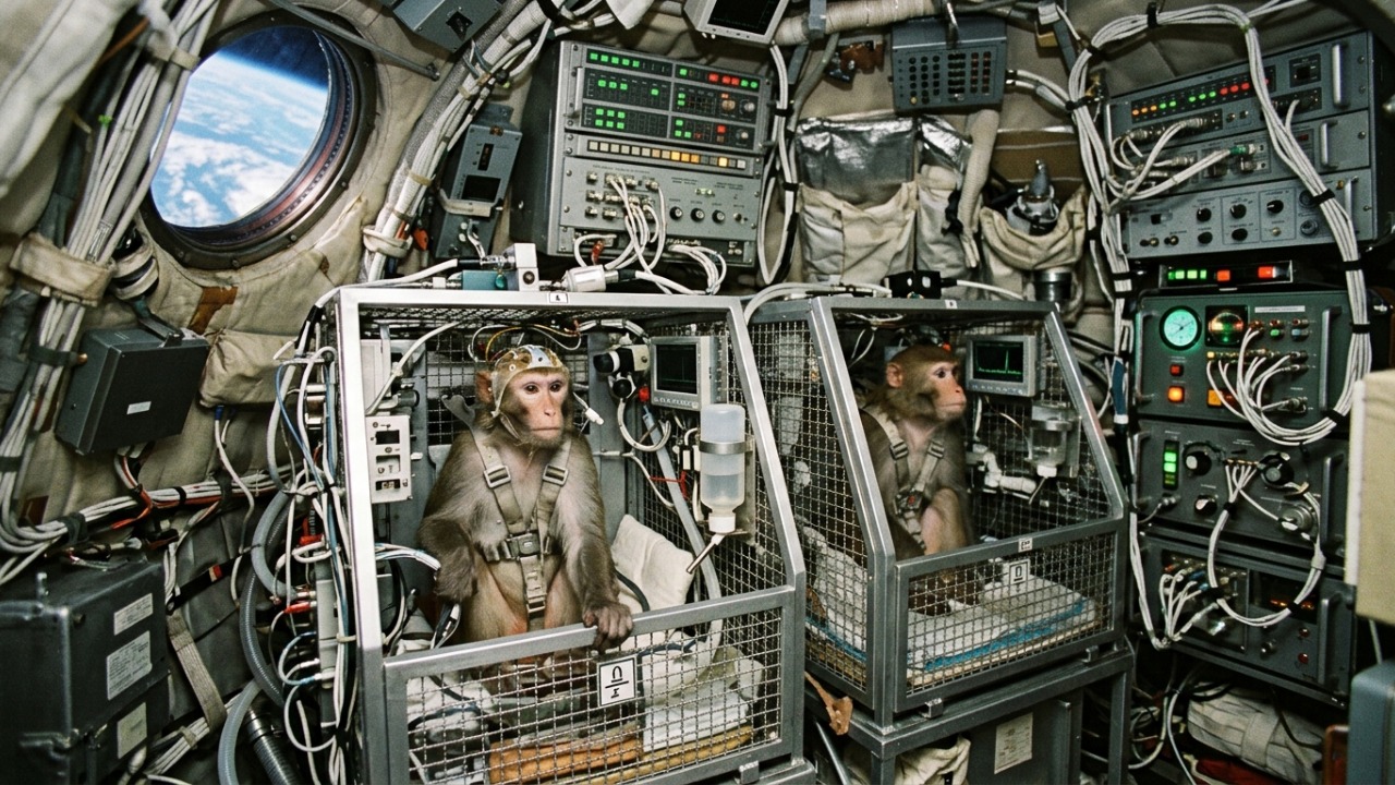 Em 1989, dois macacos passaram 14 dias no espaço, mas um problema de temperatura acabou destruindo experimentos com formigas e minhocas