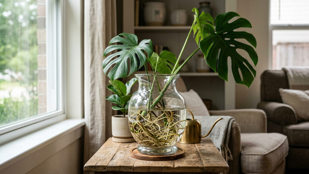 Como cultivar costela-de-adão apenas na água: o segredo de luminosidade para manter as folhas enormes e verdes em vasos de vidro decorativos