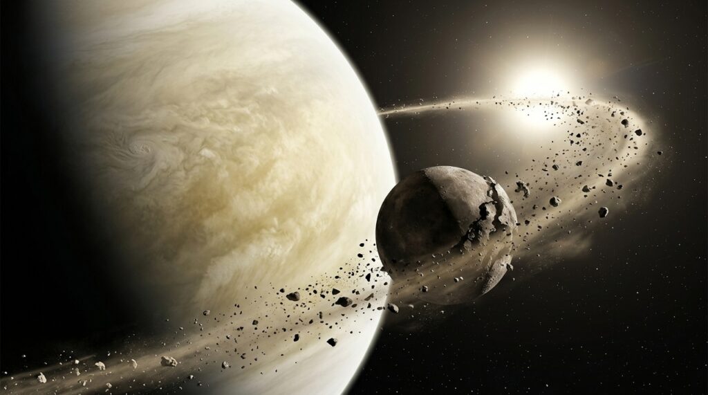 Novas simulações mostram como uma lua hipotética de Vênus poderia ter perdido altitude, cruzado o limite de Roche e sido destruída pelas forças de maré