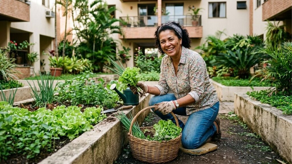 Moradora planta uma horta no canteiro vazio da área comum do prédio para aproveitar o espaço e, na primeira colheita, o síndico avisa que o canteiro é de todos