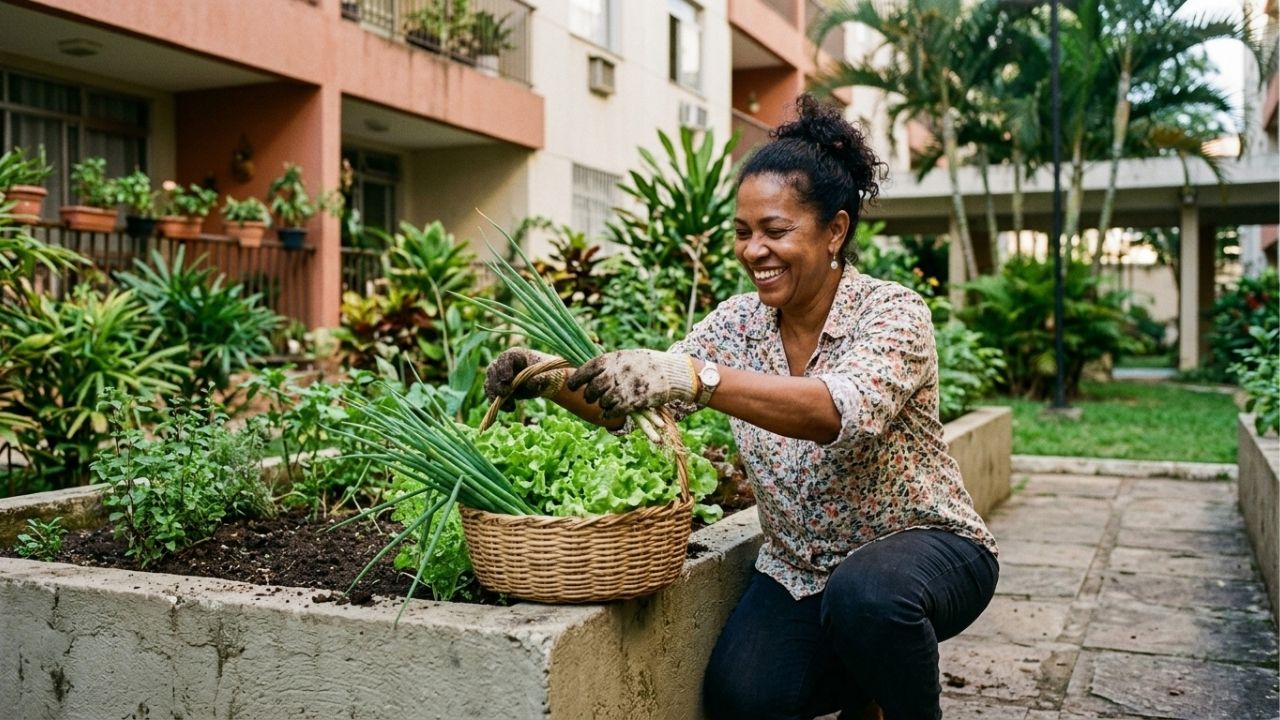 Moradora planta uma horta no canteiro vazio da área comum do prédio para aproveitar o espaço e, na primeira colheita, o síndico avisa que o canteiro é de todos