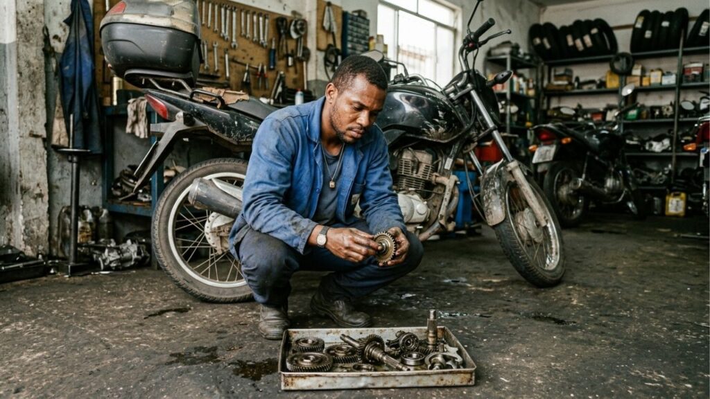 Motoboy compra moto usada de loja por R$ 16 mil, financia em 48 parcelas de R$ 540 e, no segundo mês, o câmbio trava; vício oculto pode obrigar reparo