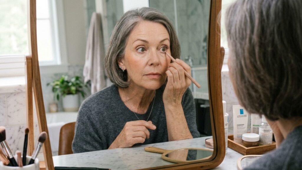 Depois dos 50, o lápis preto na linha d’água pode pesar no olhar: tons mais claros ajudam a deixar os olhos mais luminosos e menos fundos