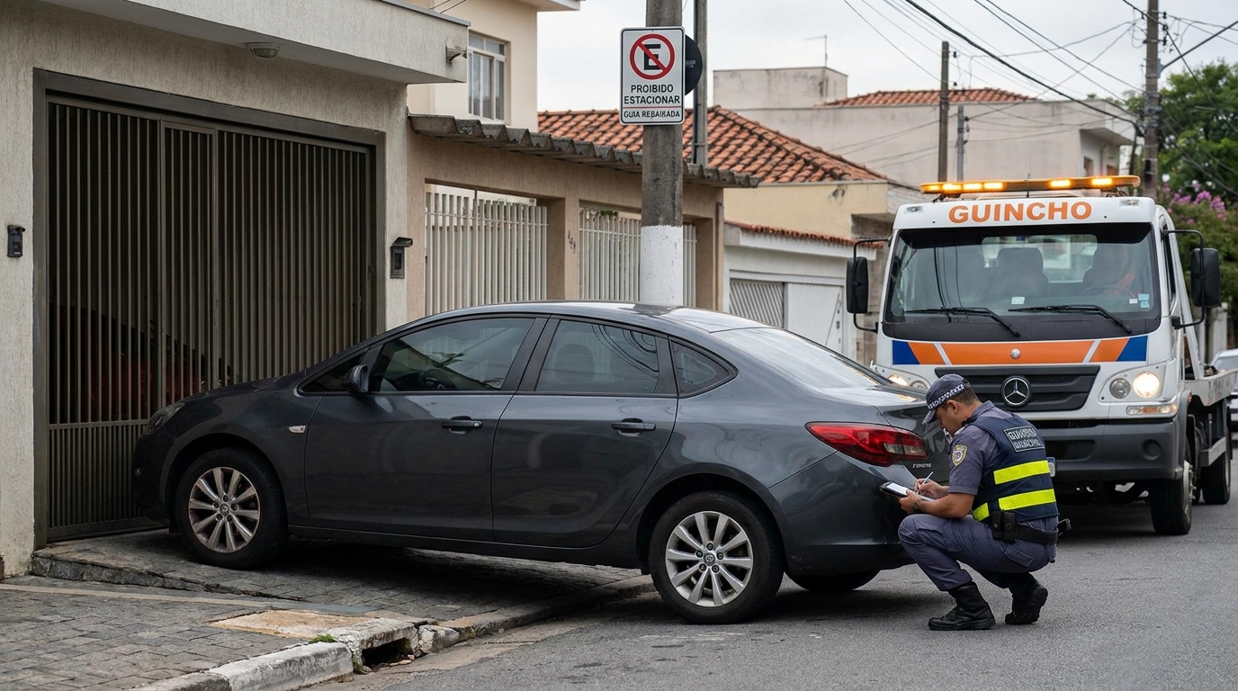 Vizinho estaciona todo dia em frente à garagem da moradora ao lado e exige que ela toque a campainha para pedir que ele saia, até descobrir que a manobra é infração de R$ 130 com 4 pontos e guincho na hora