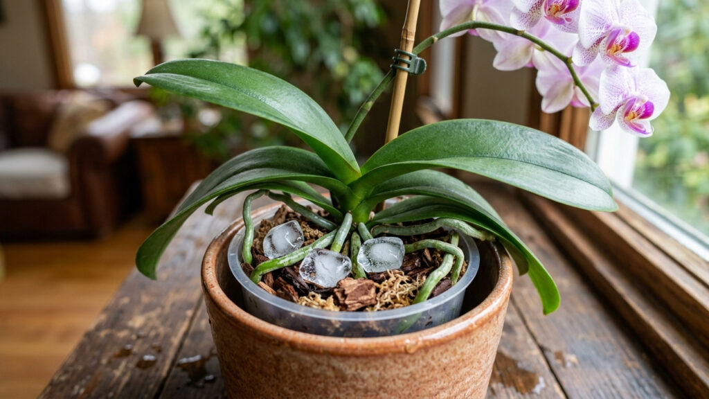 O truque seguro das pedras de gelo no substrato para induzir o choque térmico e estimular a orquídea Phalaenopsis a soltar novos botões