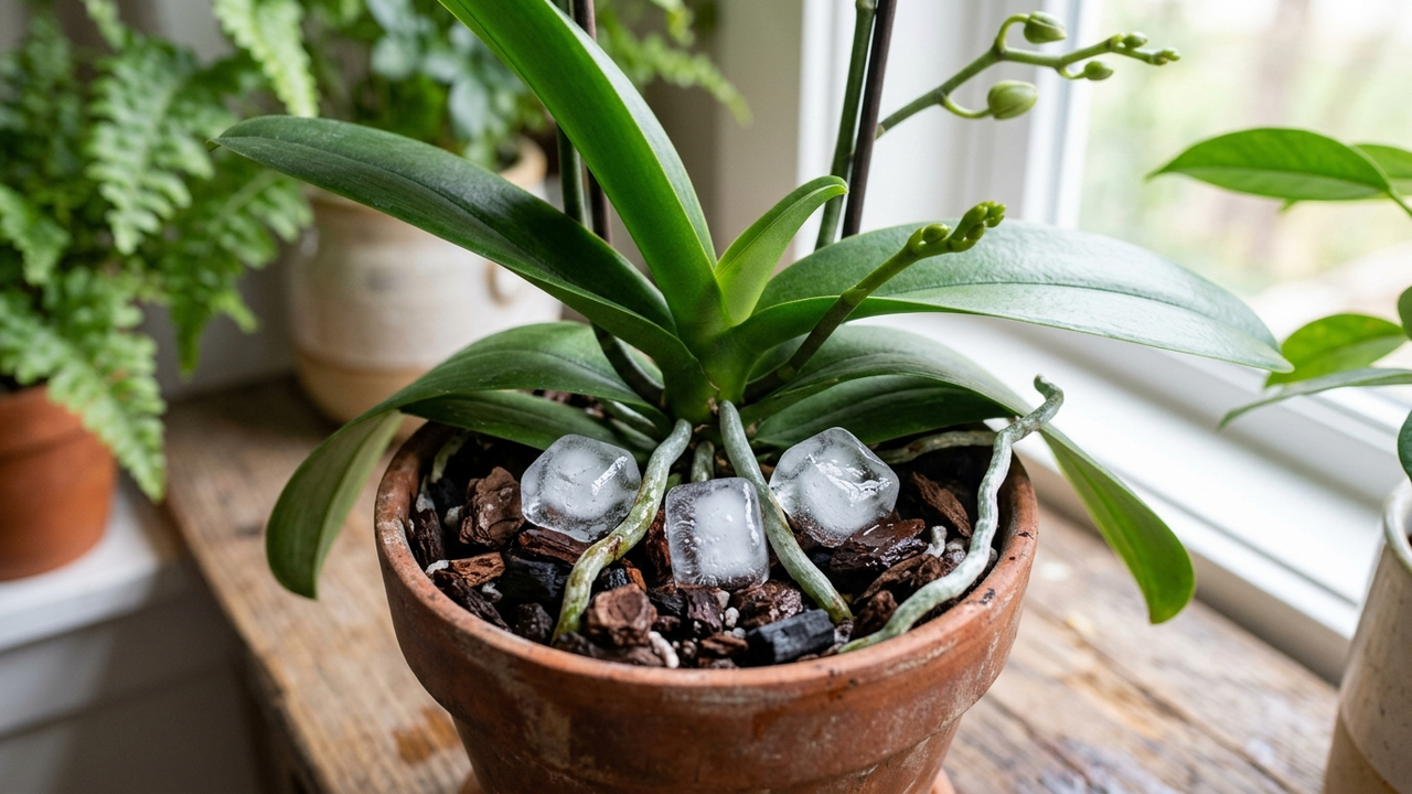 O truque seguro das pedras de gelo no substrato para induzir o choque térmico e estimular a orquídea Phalaenopsis a soltar novos botões