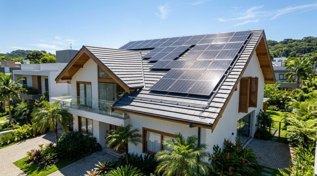 Família aproveita a reforma do telhado e instala painéis solares com estrutura adequada para gerar energia e reduzir a conta de luz