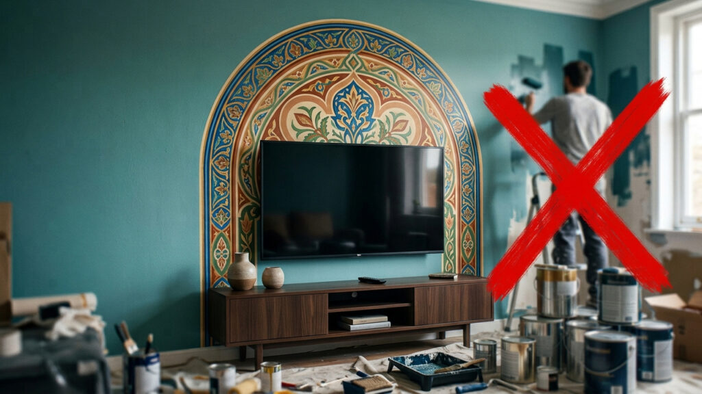 Sem pintar a sala toda, nem gastar muito: a melhor forma de criar um ambiente moderno pintando apenas um arco colorido atrás do rack da TV