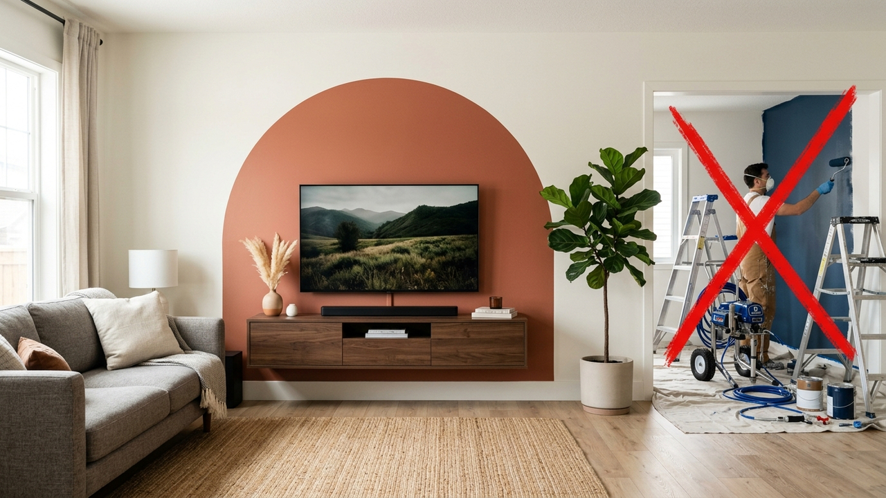 Sem pintar a sala toda, nem gastar muito: a melhor forma de criar um ambiente moderno pintando apenas um arco colorido atrás do rack da TV