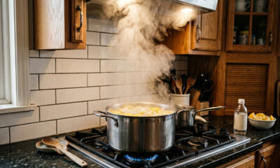 Ferver água com vinagre e rodelas de limão destampada: o vapor potente que dissolve a gordura dos armários altos da cozinha sem esfregar