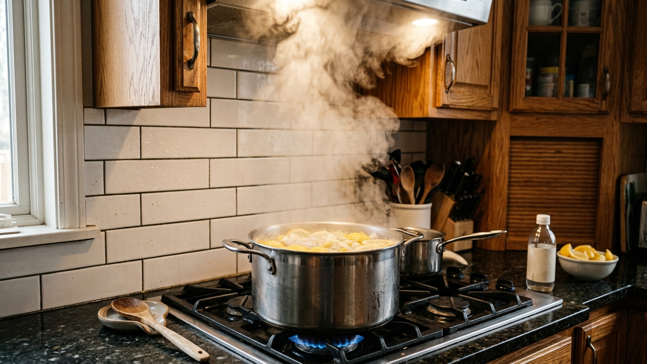 Ferver água com vinagre e rodelas de limão destampada: o vapor potente que dissolve a gordura dos armários altos da cozinha sem esfregar