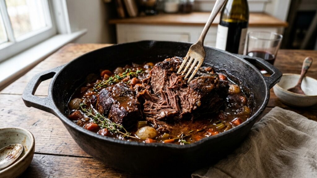 Chefs de cozinha concordam: “Para a carne de panela ficar macia, não tenha pressa no fogo alto, mas cozinhe por cerca de 90 minutos em fogo baixo até o colágeno se transformar em gelatina”