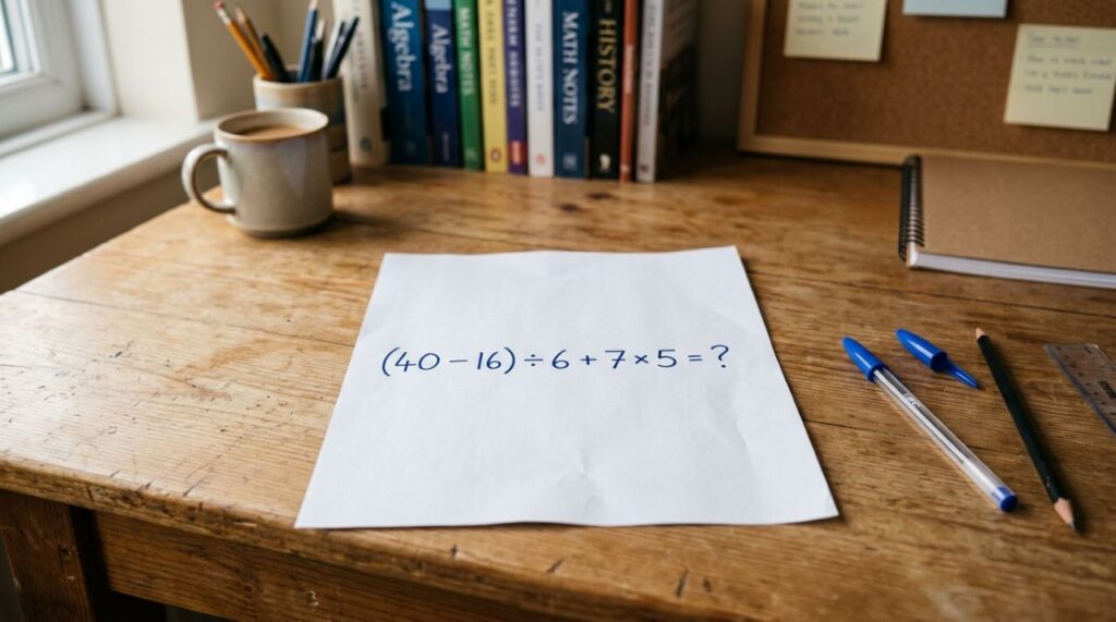 Sem calculadora, prove que ainda lembra da matemática básica: (40 – 16) ÷ 6 + 7 × 5
