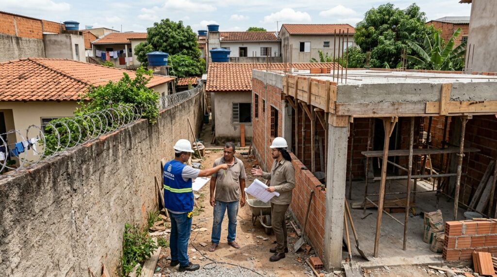 Casal começa a construir a edícula colada no muro do vizinho, acredita que dentro do próprio lote não precisa deixar recuo, e a prefeitura embarga a obra explicando o que o Código de Obras exige