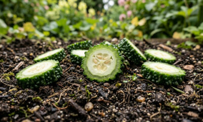 Espalhar fatias grossas de pepino amargo na terra do jardim: o truque caseiro que emite compostos naturais para expulsar ninhos de formiga-lava-pé