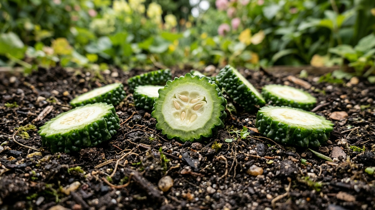 Espalhar fatias grossas de pepino amargo na terra do jardim: o truque caseiro que emite compostos naturais para expulsar ninhos de formiga-lava-pé