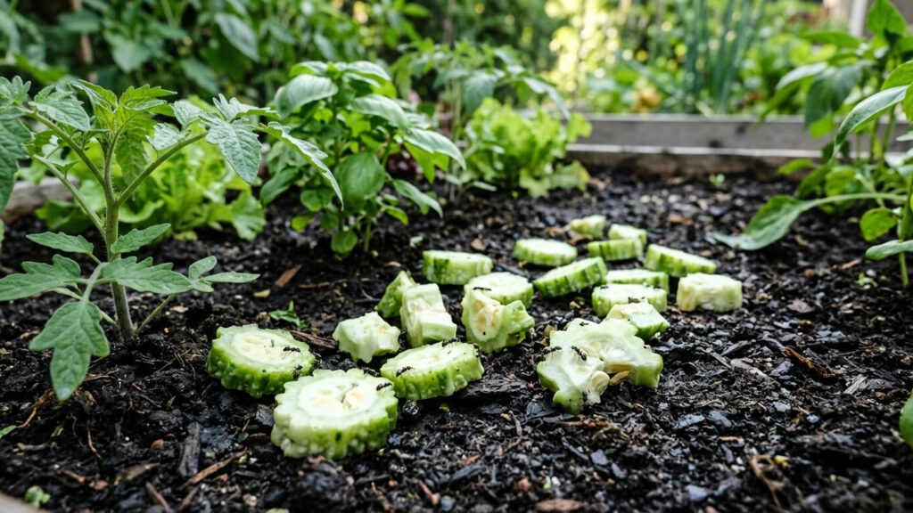 Espalhar fatias grossas de pepino amargo na terra do jardim: o truque caseiro que emite compostos naturais para expulsar ninhos de formiga-lava-pé