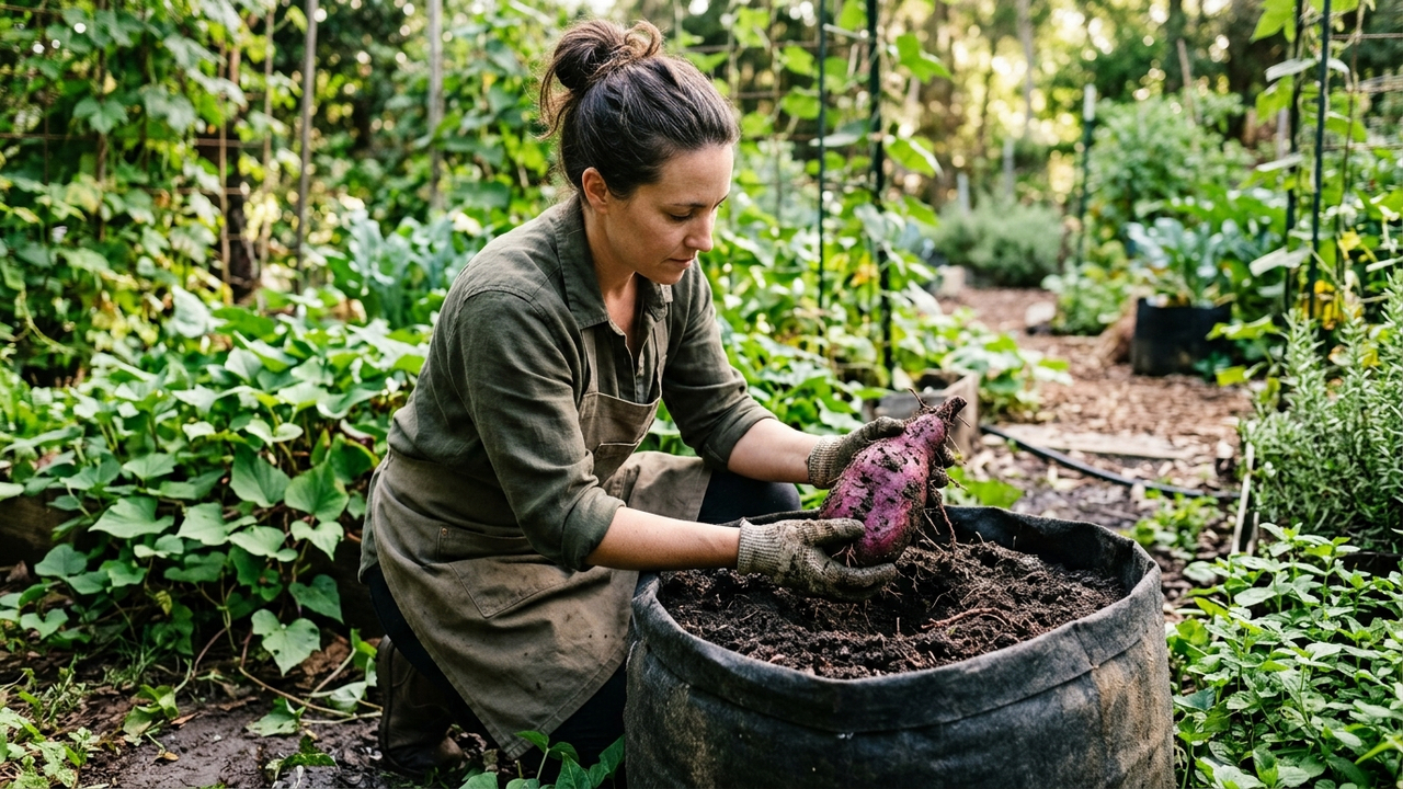 Cultivo de inhame-roxo em sacos de tecido: como plantar as túberas em recipientes flexíveis para facilitar a colheita sem quebrar as raízes