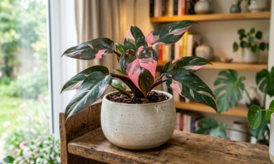 Essa folhagem ornamental de colecionador exige luz indireta filtrada para manter as manchas cor-de-rosa vibrantes em suas folhas escuras
