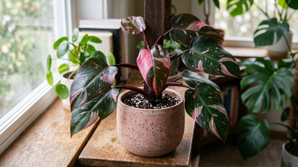 Essa folhagem ornamental de colecionador exige luz indireta filtrada para manter as manchas cor-de-rosa vibrantes em suas folhas escuras