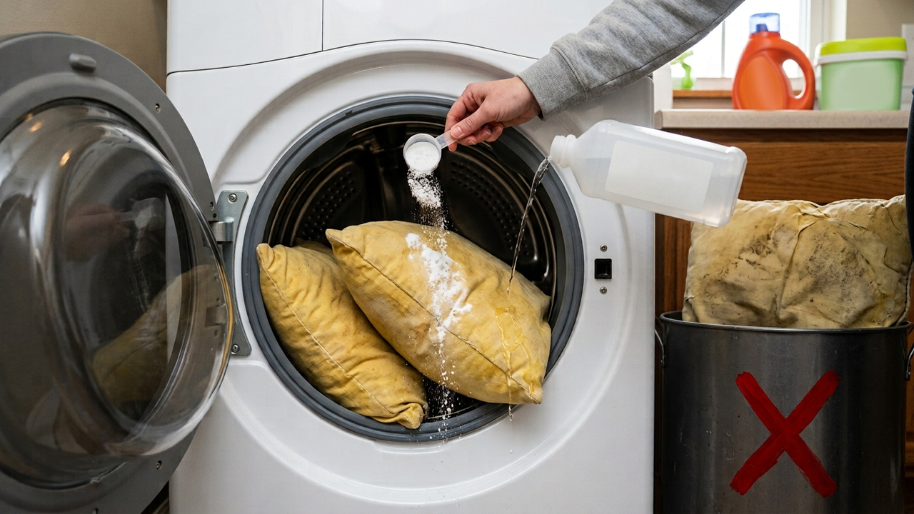 Sem comprar peças, novas nem gastar fortunas: a melhor forma de recuperar travesseiros amarelos usando água oxigenada e bicarbonato na máquina