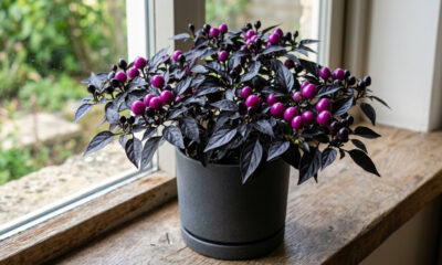 Essa variedade rara de pimenta ornamental decora a casa com frutos em tom roxo-neon e resiste com vigor a ondas extremas de calor